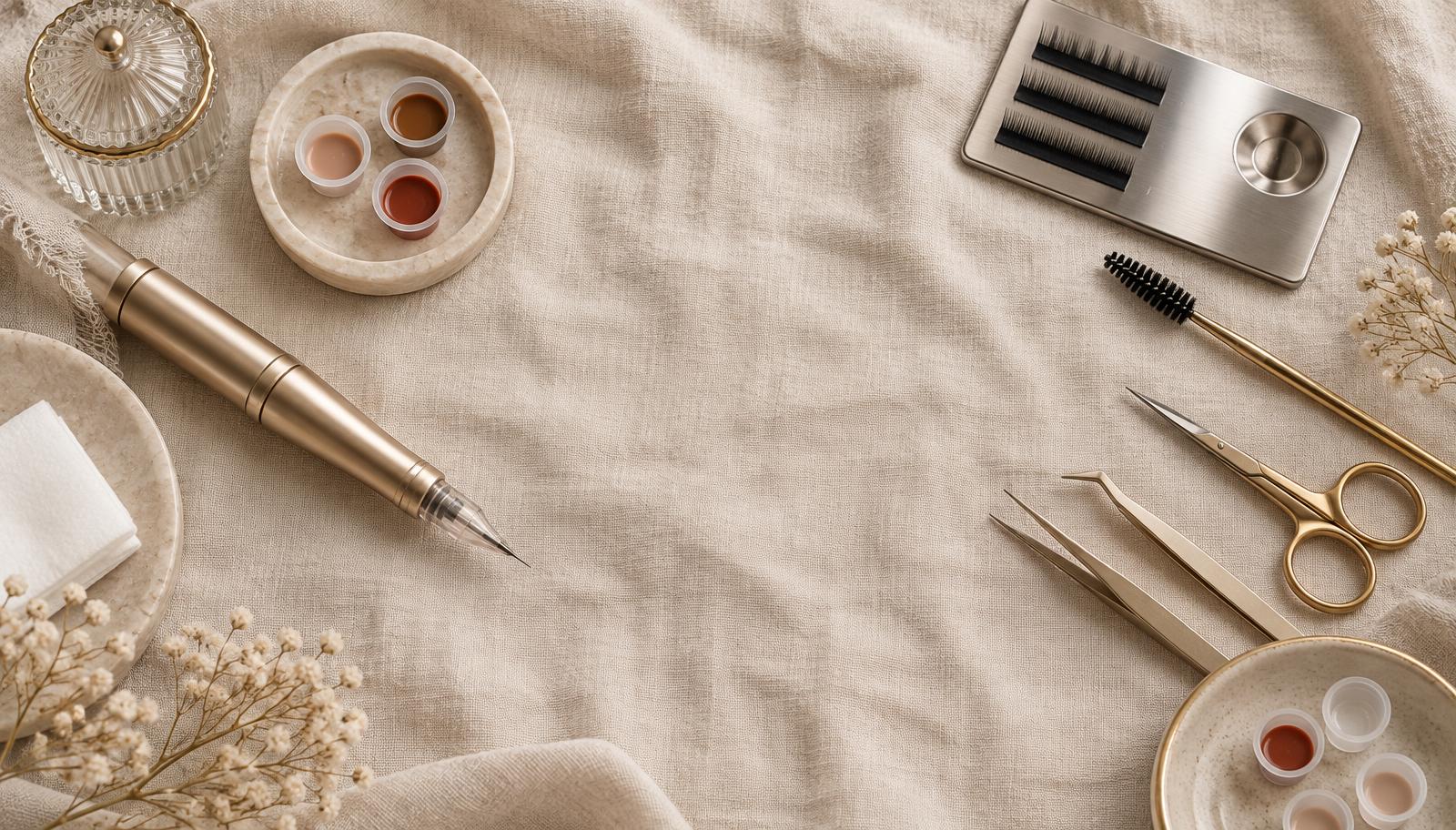 Permanent makeup handpiece, pigment cups, tweezers and brow tools arranged on linen